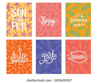 set of summer theme typography hand lettering design with colorful background