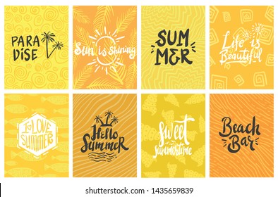 set of summer theme typography hand lettering design with colorful background
