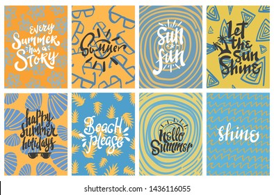 set of summer theme typography hand lettering design with colorful background