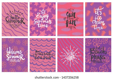 set of summer theme typography hand lettering design with colorful background