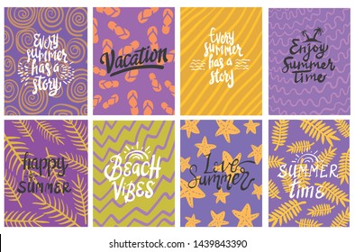 set of summer theme typography hand lettering design with colorful background