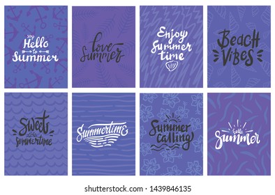 set of summer theme typography hand lettering design with colorful background