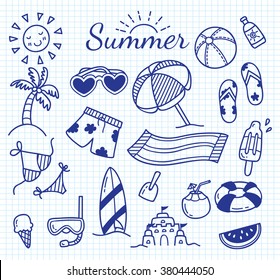 set of summer themed doodle on paper background