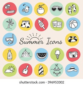 set of summer themed icon doodle