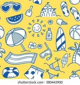 set of summer themed seamless background in doodle style