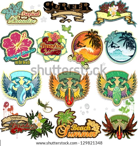 Set of summer themed stickers with space for insert-written various levels-transparency blending effects and gradient mesh-EPS 10