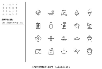 set of summer thin line icons perfect pixel 64x64, beach, sea, vacation