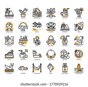 Set of summer thin line and pixel perfect icons for any web and app project. 