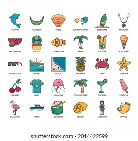 Set of summer thin line and pixel perfect icons for any web and app project. 