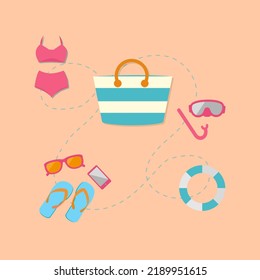 
Set of summer things, accessories. Sunglasses, swimsuit, life buoy, beach bag, slippers. Flat modern design image isolated on white background. Collection of summer symbols.