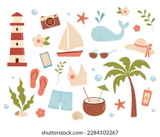 Un conjunto de objetos de verano y accesorios de playa. Ilustración vectorial de dibujos animados. Conjunto de playa