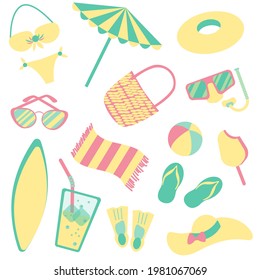 set of summer things for beach, flat style, isolated