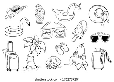 Set of summer things for the beach isolated on a white background. Swimsuit, sunglasses, hat, beach slippers. Vector illustration drawn in doodle style. Design for decoration card, parties, website