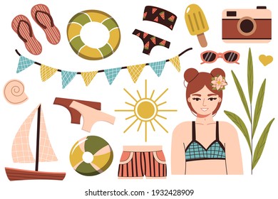 A set of summer things for the beach. Travel to a sunny country. Happy girl in a bikini is resting at the sea. A woman in a swimsuit sunbathes and relaxes near the water. Summer rest. vector