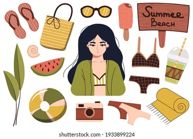 Un conjunto de cosas de verano para la playa. Viaja a un país soleado. Chica feliz en bikini descansa en el mar. Una mujer bañada en traje de baño se relaja cerca del agua. Descanso de verano. vector