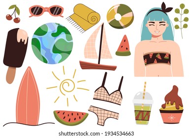 A set of summer things for the beach. Travel to a sunny country. Happy girl in a bikini is resting at the sea. A woman in a swimsuit sunbathes and relaxes near the water. Summer rest. vector