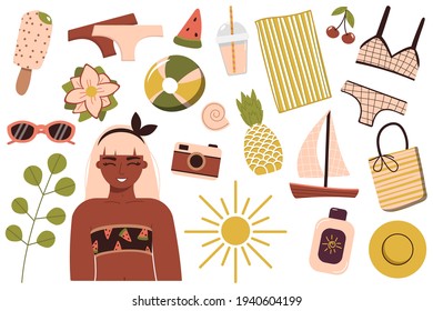 A set of summer things for the beach. Travel to a sunny country. Happy girl in a bikini is resting at the sea. A woman in a swimsuit sunbathes and relaxes near the water. Summer rest. vector
