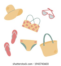 Un conjunto de actividades de verano para relajarse en la playa y en la piscina. Ilustración vectorial. Trato de baño, bikini, sombrero de paja, gafas de sol, chanclas. Objetos dibujados a mano aislados, elementos.