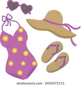 A set of summer things for relaxing at sea. Swimsuit, flip-flops, hat and sunglasses. A flat cartoon illustration on a white background.