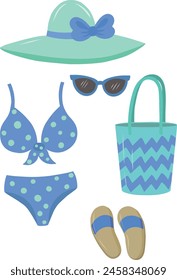 A set of summer things for relaxing at sea. Swimsuit, flip-flops, beach bag, hat and sunglasses. A flat cartoon illustration on a white background.