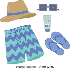 A set of summer things for relaxing at sea. Shorts, flip-flops, a hat and sunglasses. A flat cartoon illustration on a white background. A set for men. Vector illustrations.