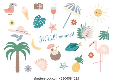 A set of summer things for a vacation on the more. A collection of cliparts with things for vacation. Bright stickers. Vector illustration isolated on a white background