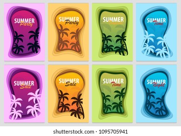 Set of Summer Time banners with palms. Paper cut and craft style. Vector illustration