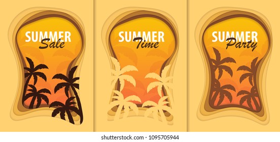 Set of Summer Time banners with palms. Paper cut and craft style. Vector illustration
