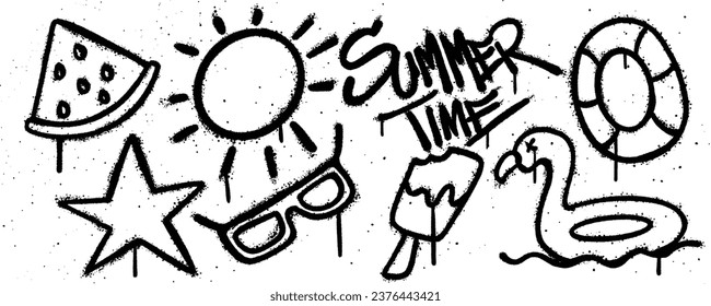 Set Summer Time graffiti spray paint. Collection of watermelon, sun, ball, star, sun glasses, ice cream, duck Isolated Vector