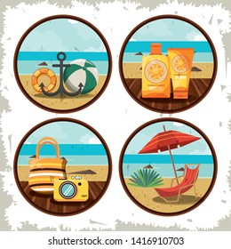 Set of Summer time grunge round emblems with tr island in round frame cartoons vector illustration graphic design vector illustration graphic design