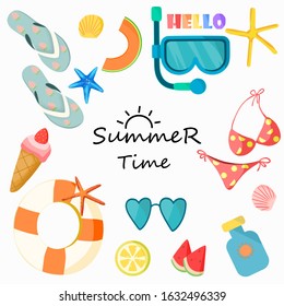 Set of Summer time icons: Bikini, snorkel, sunglasses, fruits, sun lotion, flip flop,ice cream, life bouy, seashell and starfish. Collaction of scrapbook and all of it elements for beach party.