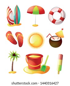 Set of summer time icons, hot sand beach