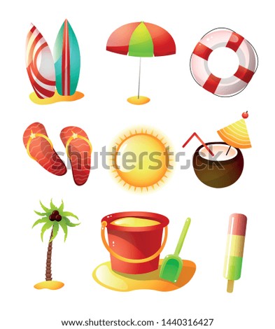 Set of summer time icons, hot sand beach