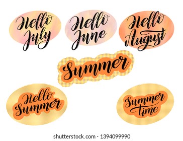 Set of summer time illustrations. Hello summer, June, July, August. Watercolor and pop art style. Bright yellow and orange colors. Black script lettering. Vector design elements.