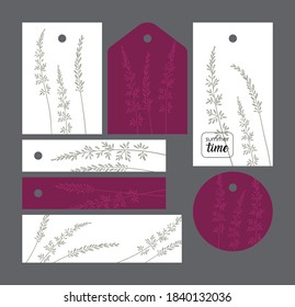 set summer time, light on white and crimson:
seven tags of different shapes with a grass pattern