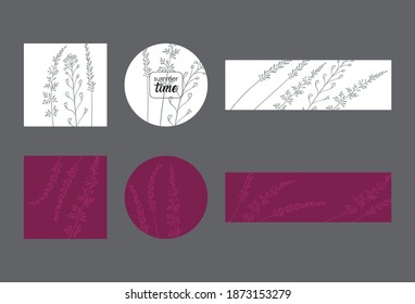 set summer time, light on white and crimson:
two squares, two circles and two strips with a grass pattern
