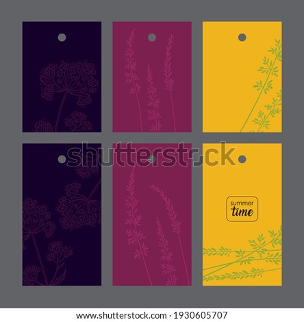 set summer time on crimson, purple and dark-yellow background:
six rectangular tags with a grass pattern