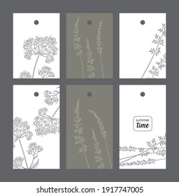 set summer time on gray and white background:
six rectangular tags with a grass pattern