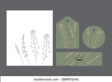 set summer time on green background:
four tags of different shapes with a grass pattern
