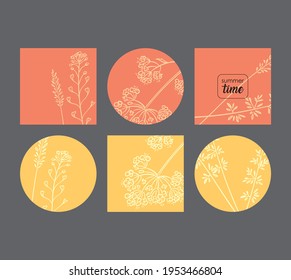 set summer time on orange and yellow background:
three square and three round tags with a grass pattern