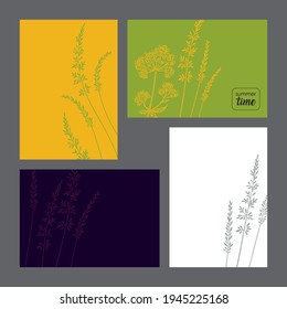 set summer time on purple, light-green and yellow background:
four postcards with a grass pattern