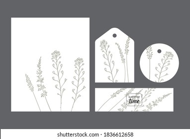 set summer time on white background:
four tags of different shapes with a grass pattern