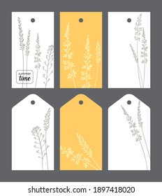 set summer time on white and yellow background:
six long tags with a grass pattern