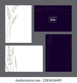 set summer time on white and purple background:
gray grass on four postcards