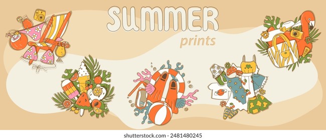 Set of summer time print, cool set of objects for the beach, pool vacation, isolated with shadows, for t-shirts, sticker, banner and poster