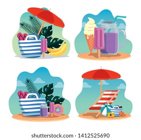 set of summer time with purse and ice cream with smoothie beverage