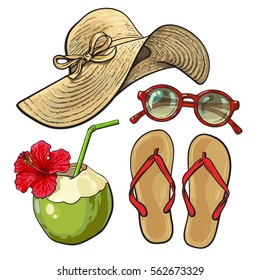 Set of summer time vacation attributes - straw hat, sunglasses, flip flops and coconut drink, sketch style vector illustration isolated on white background. Set of summer objects, symbols, elements