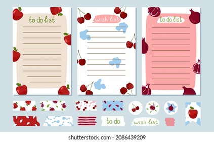 Set of summer to-do lists, a template for a wish page and a washi tapes. Decorated with apple, cherry berries, pomegranate. Vector illustration of vacation planning and gifts with stickers.