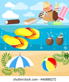 Set of summer travel banners with beach Vector background  holiday elements beach umbrella of a sandal ball ice cream cocktails
