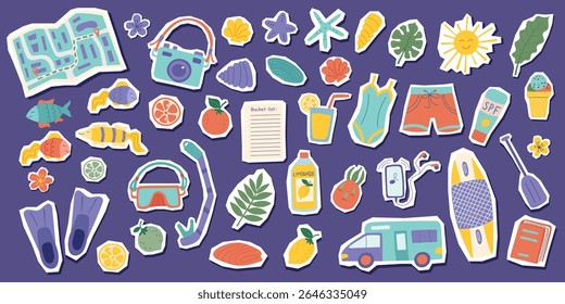 Set of summer travel beach cliparts isolated on purple background. Travel and vacation concept. Vector flat illustrations.